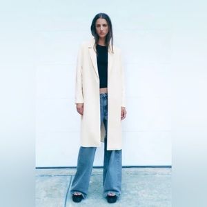 Zara Lapel Collar Felt Texture Coat Womens L Open Front Long Sleeve Sand NEW